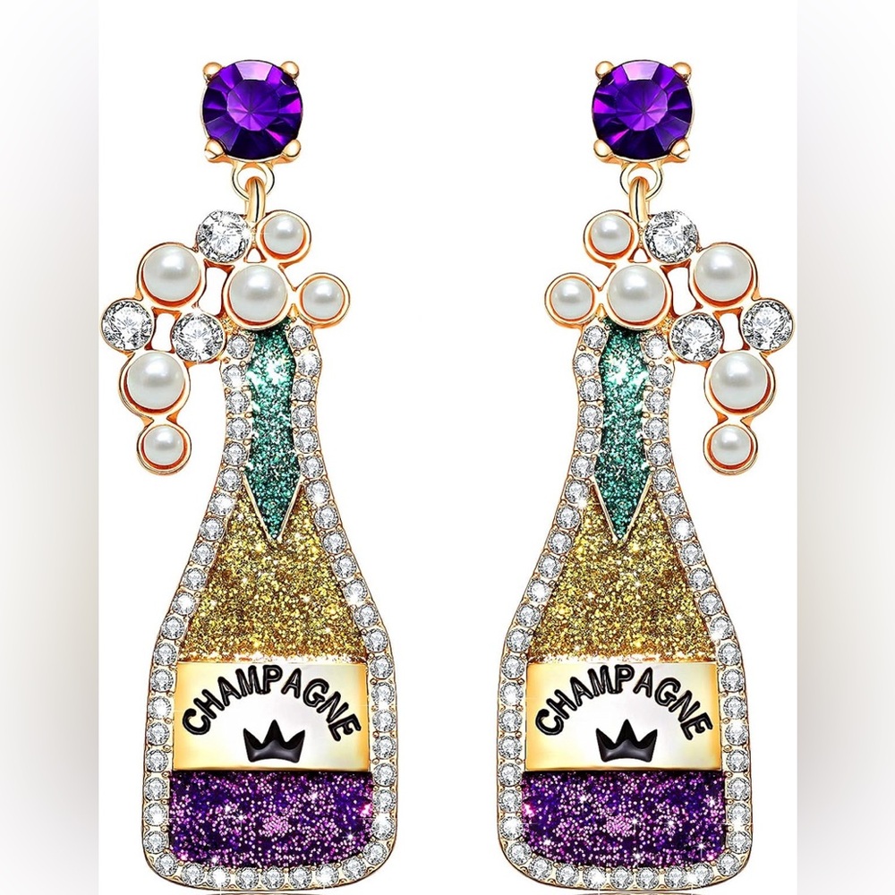 Champagne (Wine) Bottle Mardi Gras Earrings. Rhinestone & Pearl Bubbles. Dangle.
